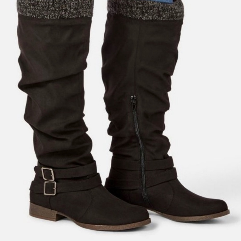 Black suede boots with sweater cuff